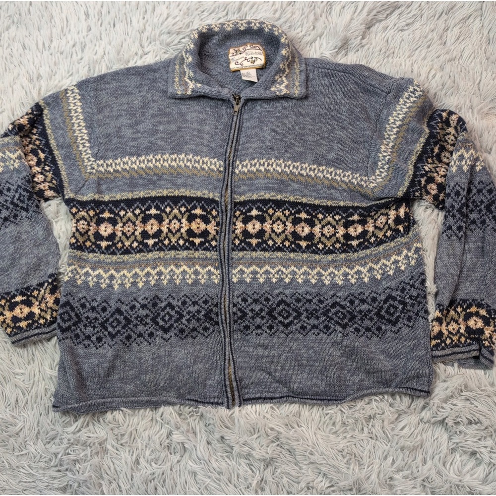 Vintage Heirloom Collectibles Sweater Womens L Blue Nordic Fair Isle Zip Up